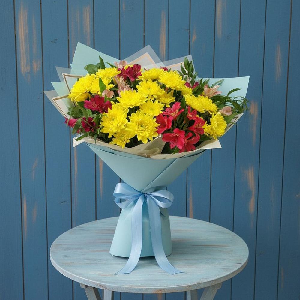 Букет цветов из: Альстромерии и Хризантемы в Касли