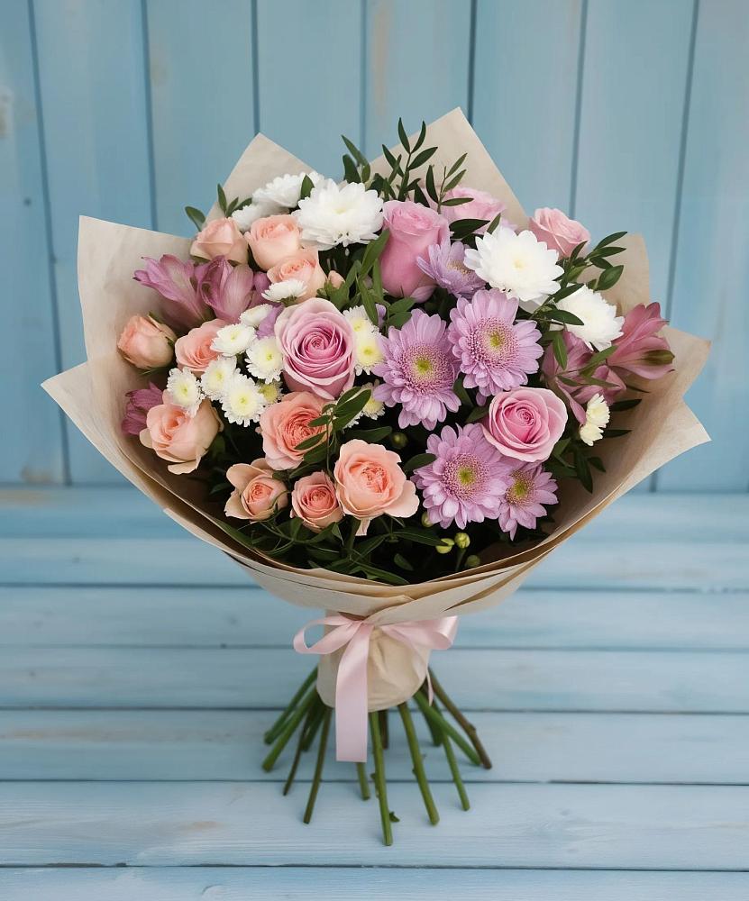 Букет цветов из: Хризантемы, Розы и Альстромерии в Касли
