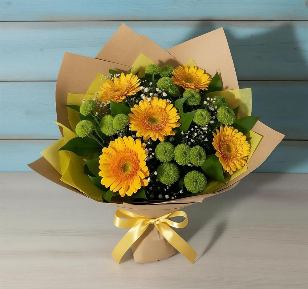 Букет цветов из: Герберы и Хризантемы в Касли