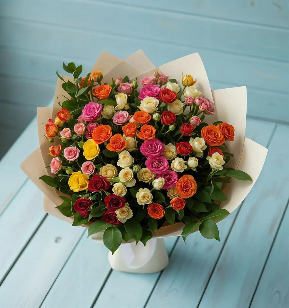 Букет Микс из разноцветных кустовых роз в Касли