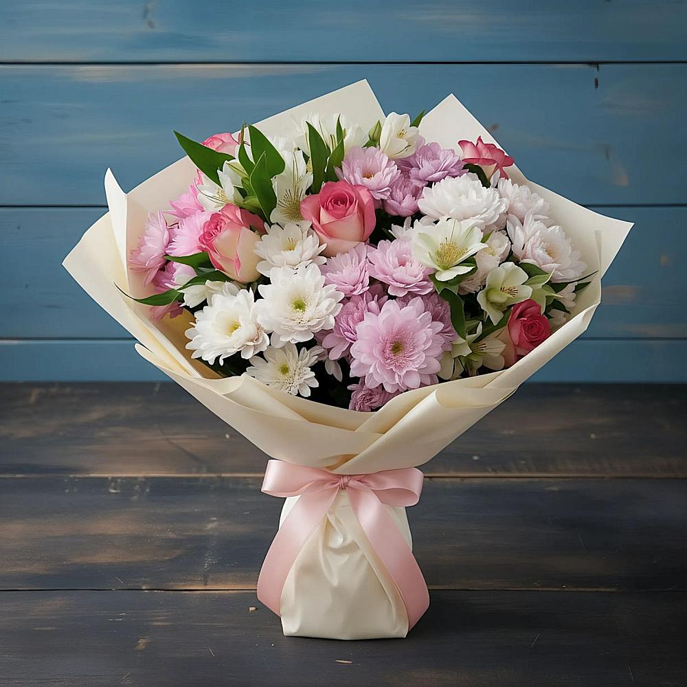 Букет цветов из: Хризантемы, Альстромерии и Розы в Касли